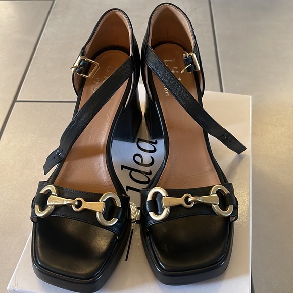 L'idea by Lori Chunky Leather Black Sandals w/Gucci like Buckle "Juice Frenchy" - Picture 2 of 9